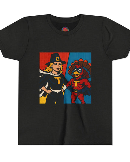 Thanksgiving Superhero Youth Tee, Fun Kids T-Shirt, Holiday Apparel, Gift for Kids, Thanksgiving Outfit, Family Gathering Tee