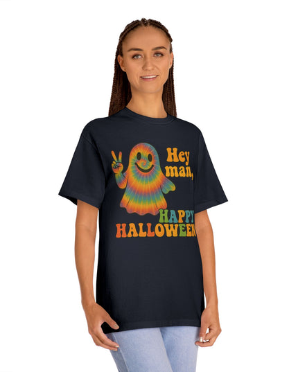 Colorful Halloween Ghost Tee, Fun Halloween Shirt, Unisex Classic T-Shirt, Retro Vibe Apparel, Peace Sign Ghost Tee