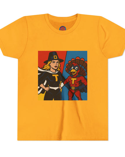 Thanksgiving Superhero Youth Tee, Fun Kids T-Shirt, Holiday Apparel, Gift for Kids, Thanksgiving Outfit, Family Gathering Tee