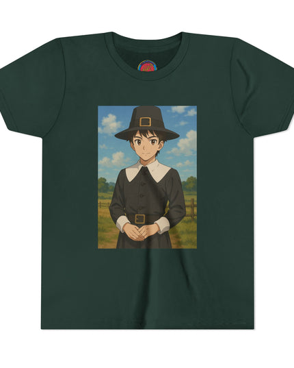 Thanksgiving Pilgrim Youth Tee, Short Sleeve Anime Shirt for Kids, Fall Apparel, Thanksgiving Celebration, Cute Holiday T-Shirt