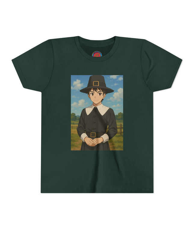 Thanksgiving Pilgrim Youth Tee, Short Sleeve Anime Shirt for Kids, Fall Apparel, Thanksgiving Celebration, Cute Holiday T-Shirt