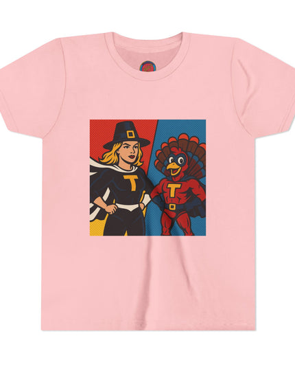 Thanksgiving Superhero Youth Tee, Fun Kids T-Shirt, Holiday Apparel, Gift for Kids, Thanksgiving Outfit, Family Gathering Tee